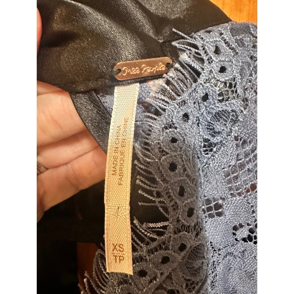 Free People Blue Lace Mini Dress Black Satin Trim‎ Open Back Ruffle Sleeve XS